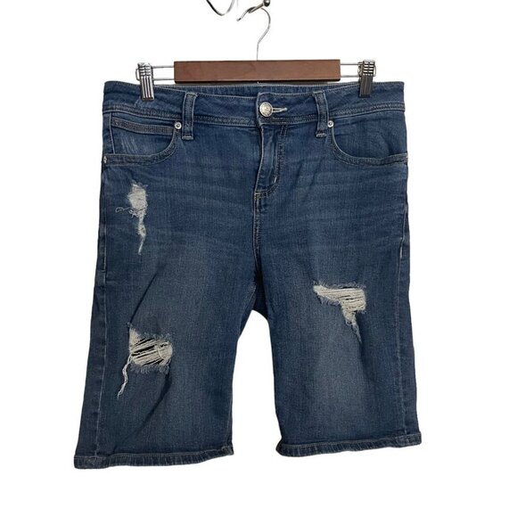 Seven7 Womens Medium Wash Distressed Stretch Bermuda Denim Jean Shorts Size 8 - Picture 1 of 9